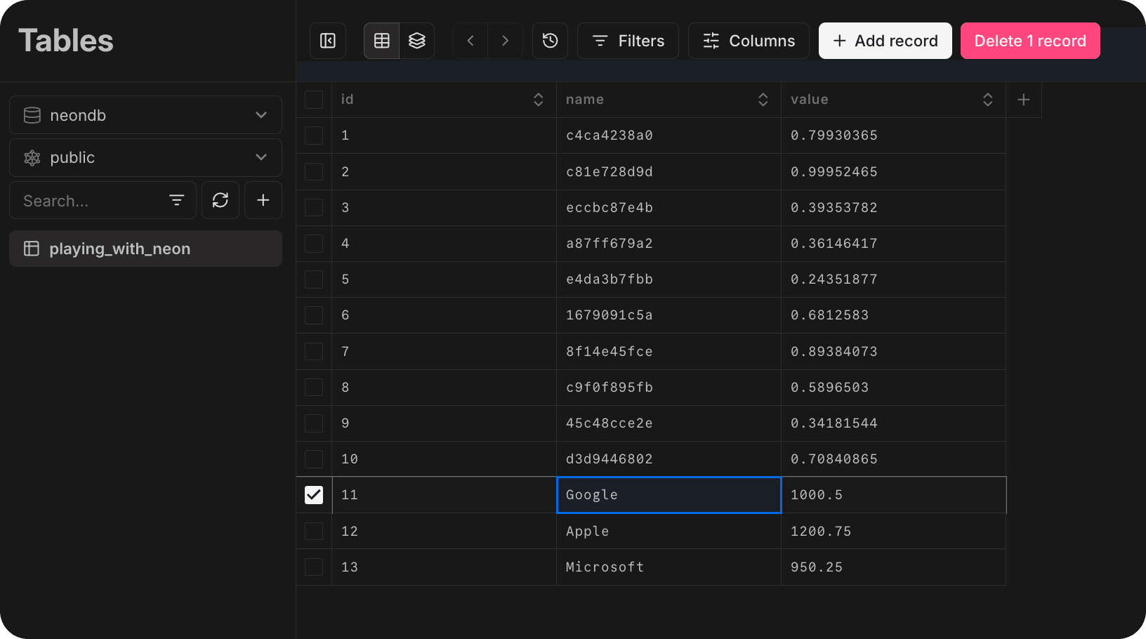 Tables page Drizzle integration